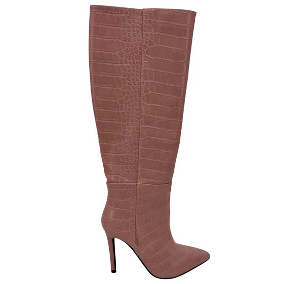 Guess Pink Vegan Croc Pointed Toe Knee High Stiletto Boots | Sexy Baddie Barbie - Picture 12 of 16